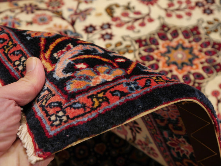 Fine hand-knotted Vintage Rose-Bidjar Persian rug, 3.7 x 2.5 ft, ivory field with blue border and rust medallion - close up