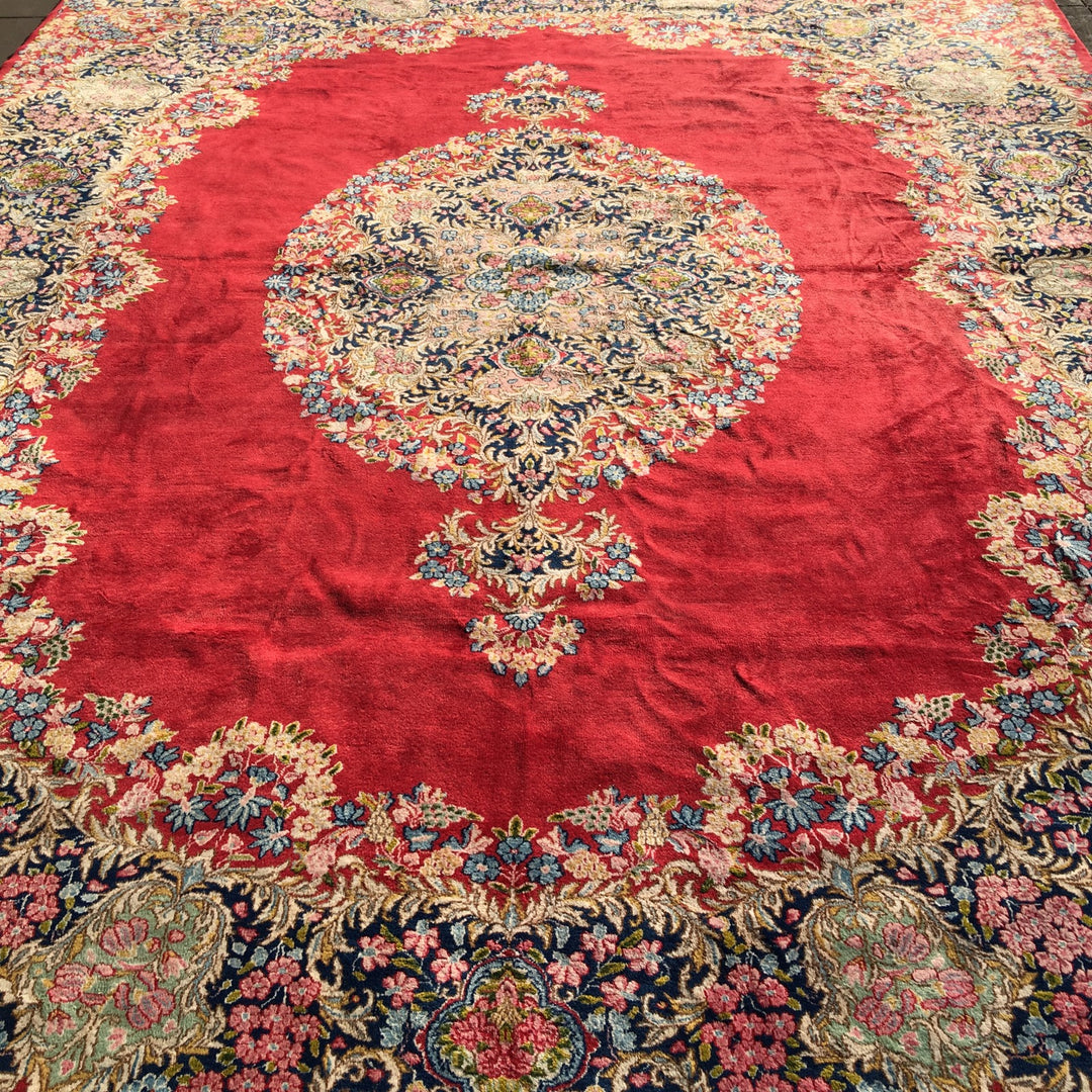 Vintage Kirman Rug 10 x 13 ft (315 x 405 cm) Red Floral | 14942