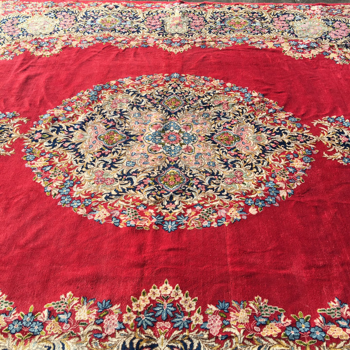 Vintage Kirman Rug 10 x 13 ft (315 x 405 cm) Red Floral | 14942