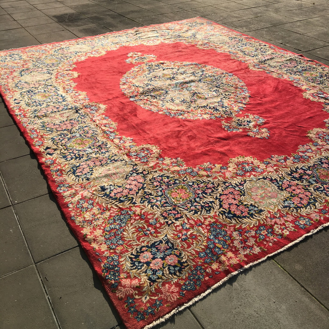 Vintage Kirman Rug 10 x 13 ft (315 x 405 cm) Red Floral | 14942