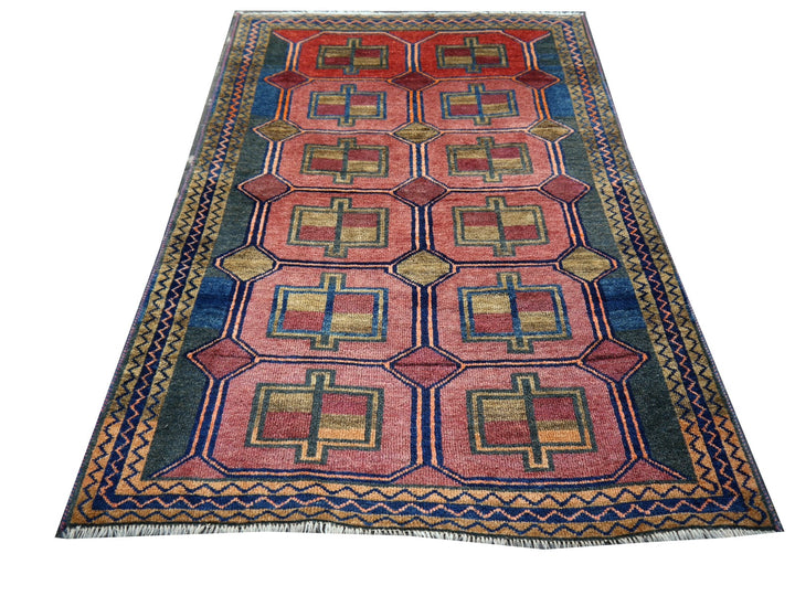 Authentic vintage Persian Luri rug with geometric tribal patterns in brick red and indigo blue, 197 x 132 cm. - 2