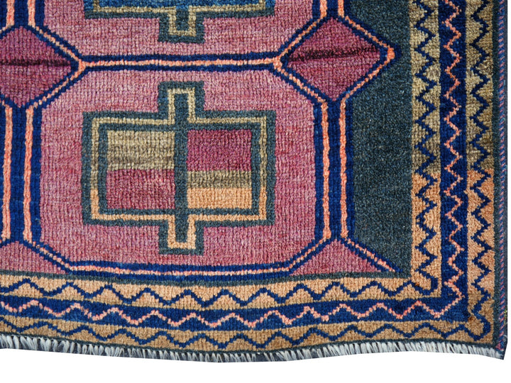 Authentic vintage Persian Luri rug with geometric tribal patterns in brick red and indigo blue, 197 x 132 cm. Detail 1
