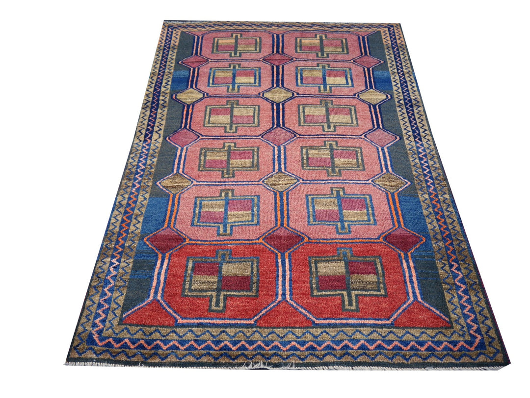 Authentic vintage Persian Luri rug with geometric tribal patterns in brick red and indigo blue, 197 x 132 cm. Full 1