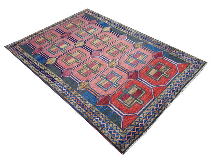 Authentic vintage Persian Luri rug with geometric tribal patterns in brick red and indigo blue, 197 x 132 cm. Full 2
