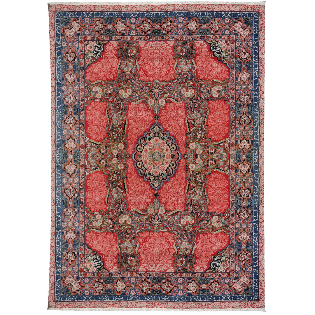 Antique Persian Sarouk (Sultanabad) rug 360 × 265 cm — rose-red floral field with central medallion and indigo borders | Djoharian 15037