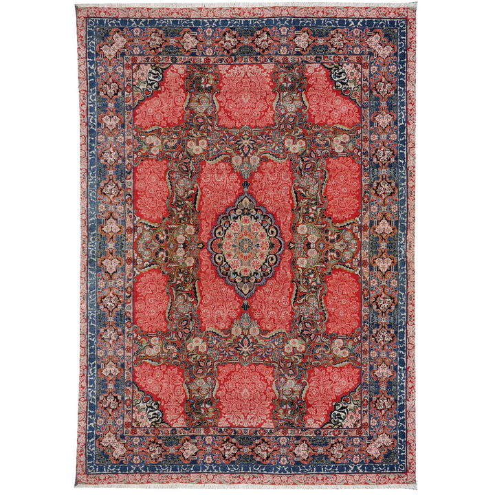 Antique Persian Sarouk (Sultanabad) rug 360 × 265 cm — rose-red floral field with central medallion and indigo borders | Djoharian 15037
