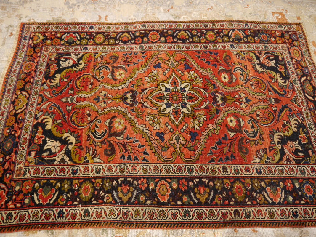 Mehraban vintage rug 6.6 x 4.5 ft Red Black worn to perfection
