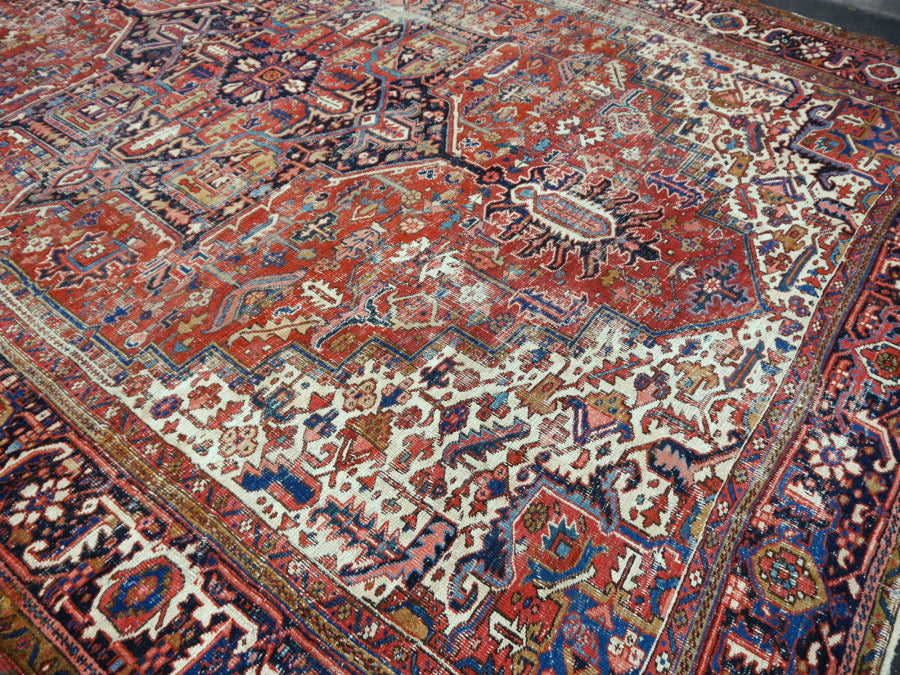 Antique Heriz rug hand knotted wool 13 x 10 ft | 400 x 300 cm Persian antique rug, distressed, muted, worn to perfection. Perfect for living room, dining room, bedroom, entry or office.