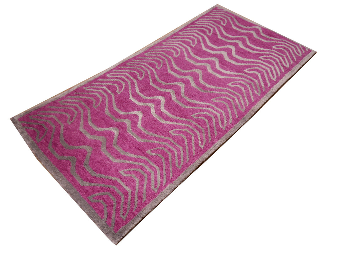 15695 Tibetan Tiger Rug 6 x 3 ft Pink Wool Silver Silk