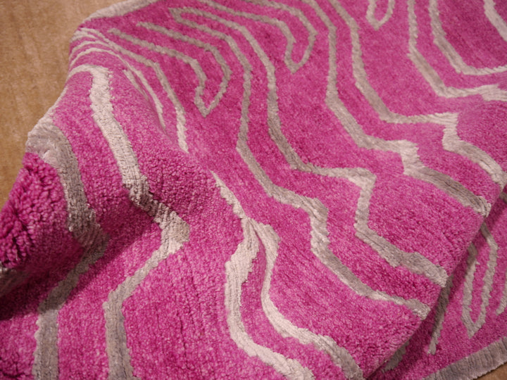 15695 Tibetan Tiger Rug 6 x 3 ft Pink Wool Silver Silk