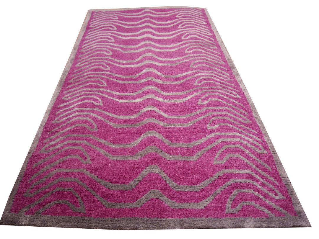 15695 Tibetan Tiger Rug 6 x 3 ft Pink Wool Silver Silk