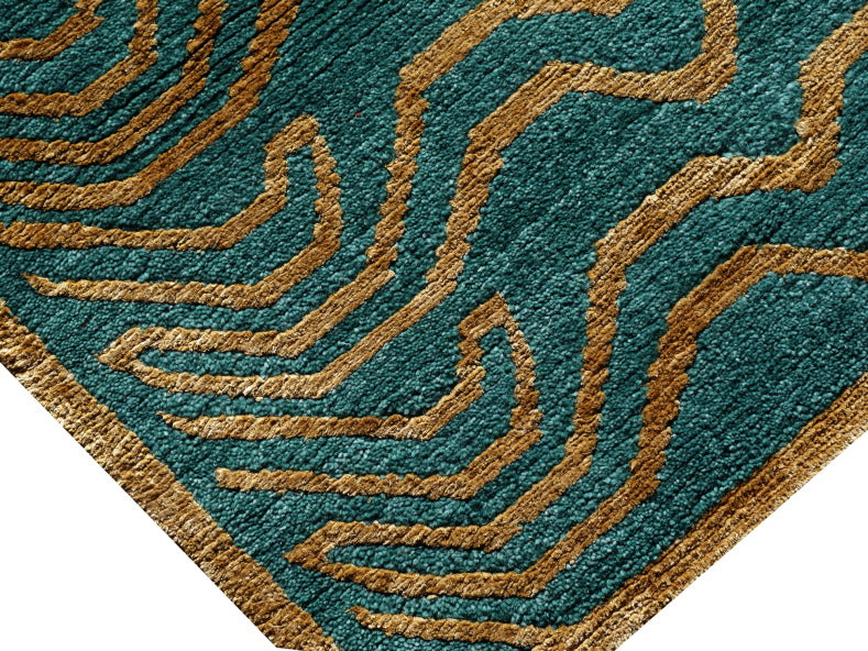 15701 Tibetan Tiger Rug 6 x 3 ft Emerald Wool Gold Silk