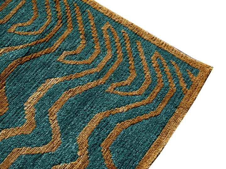 15701 Tibetan Tiger Rug 6 x 3 ft Emerald Wool Gold Silk