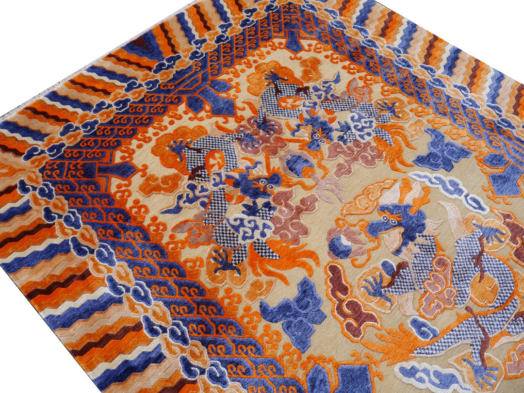 Dragon Rug Imperial Silk China hand-knotted beige orange blue