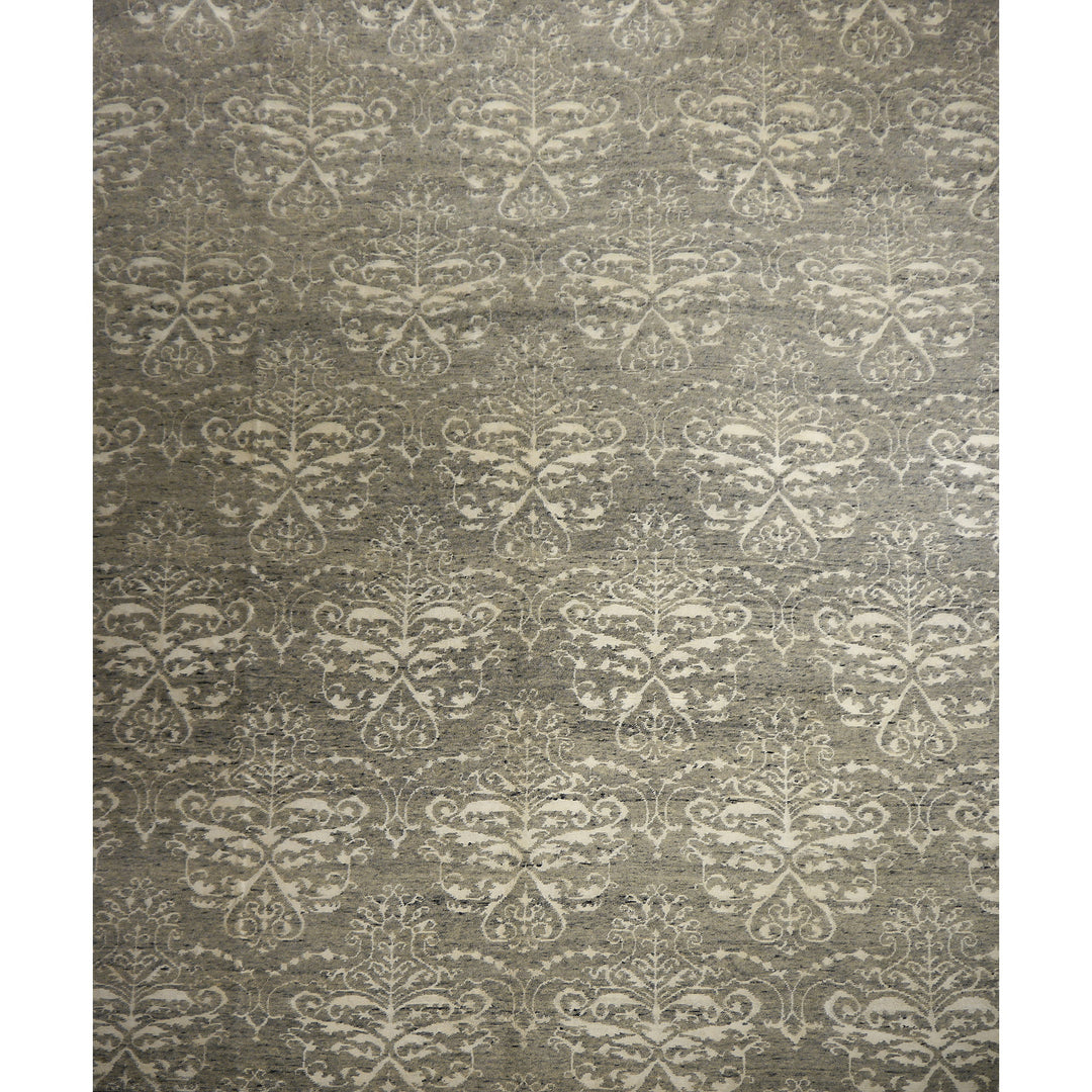 Mystique designer rug 245 × 305 cm, ivory damask on heathered grey, viewed from above | 15745