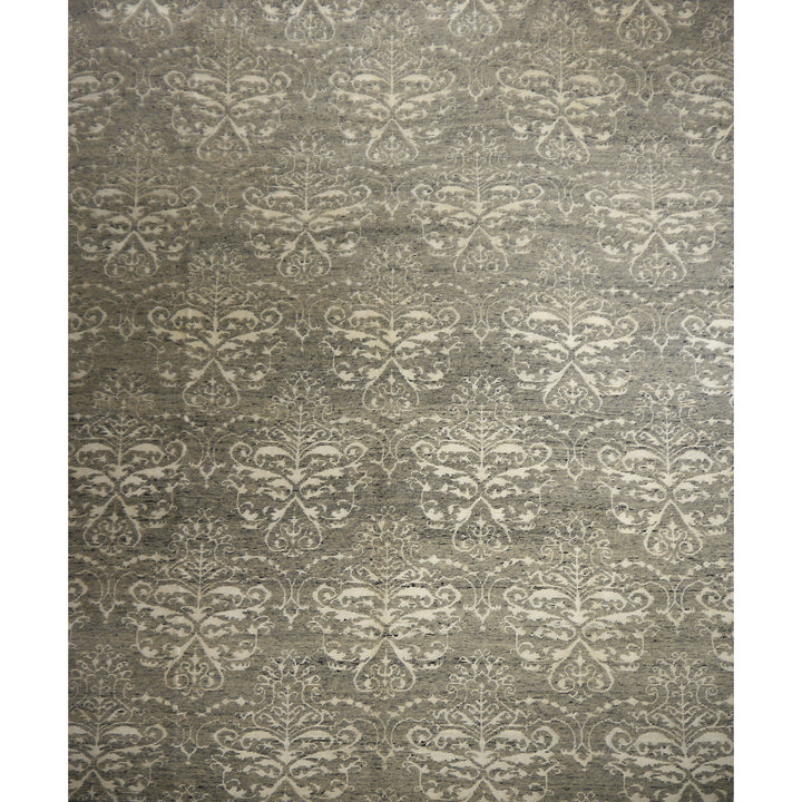 Mystique designer rug 245 × 305 cm, ivory damask on heathered grey, viewed from above | 15745