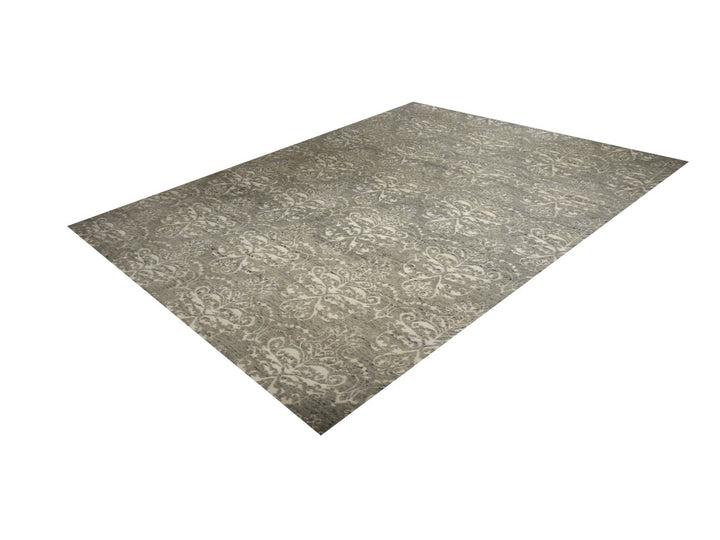 Mystique designer rug 245 × 305 cm at an angle, borderless damask field in ivory on grey | 15745