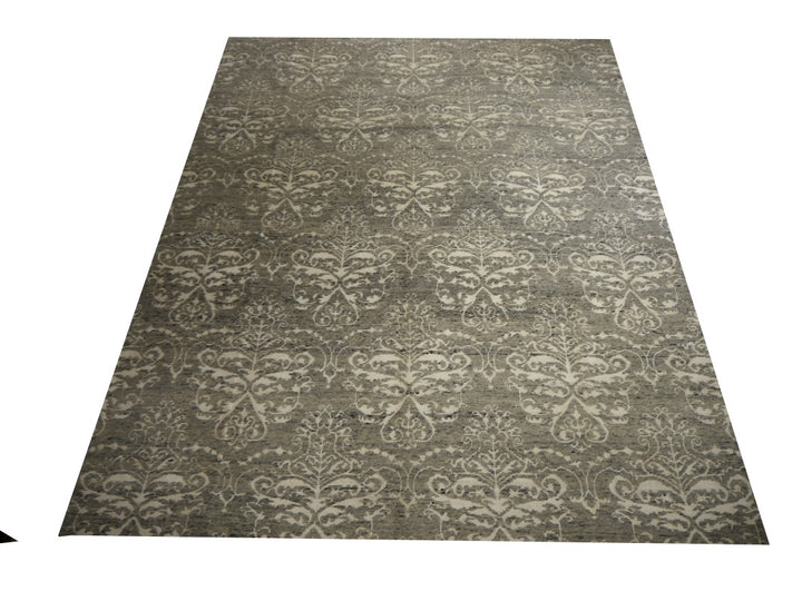 Crowned palmette of the Mystique damask in ivory against the grey wool ground | 15745