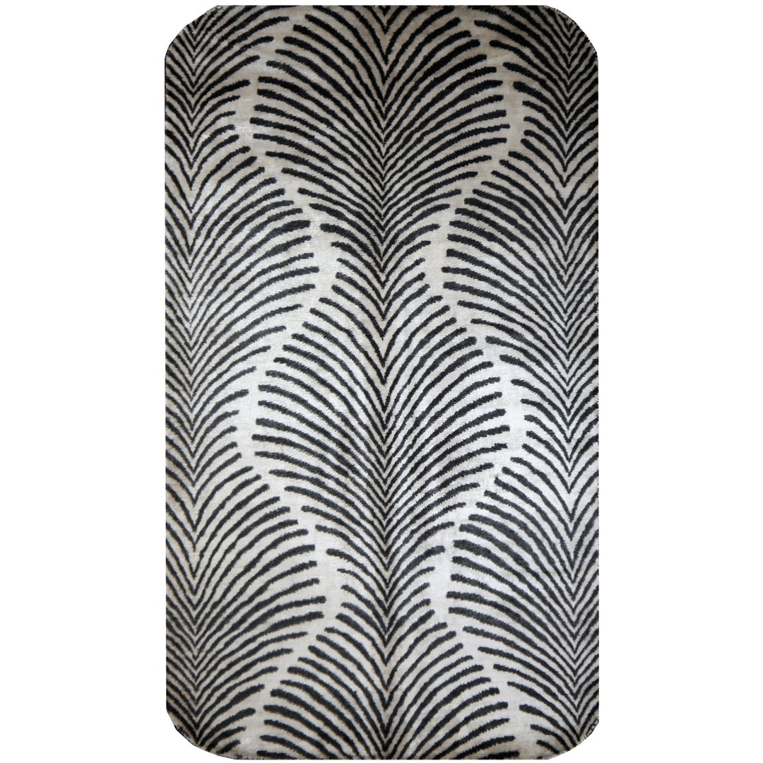 Zebra Art Deco rug 210 × 120 cm, anthracite stripes on grey-white bamboo silk, viewed from above | 15756