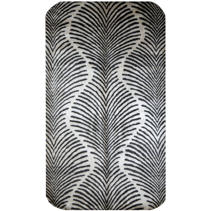 Zebra Art Deco rug 210 × 120 cm, anthracite stripes on grey-white bamboo silk, viewed from above | 15756