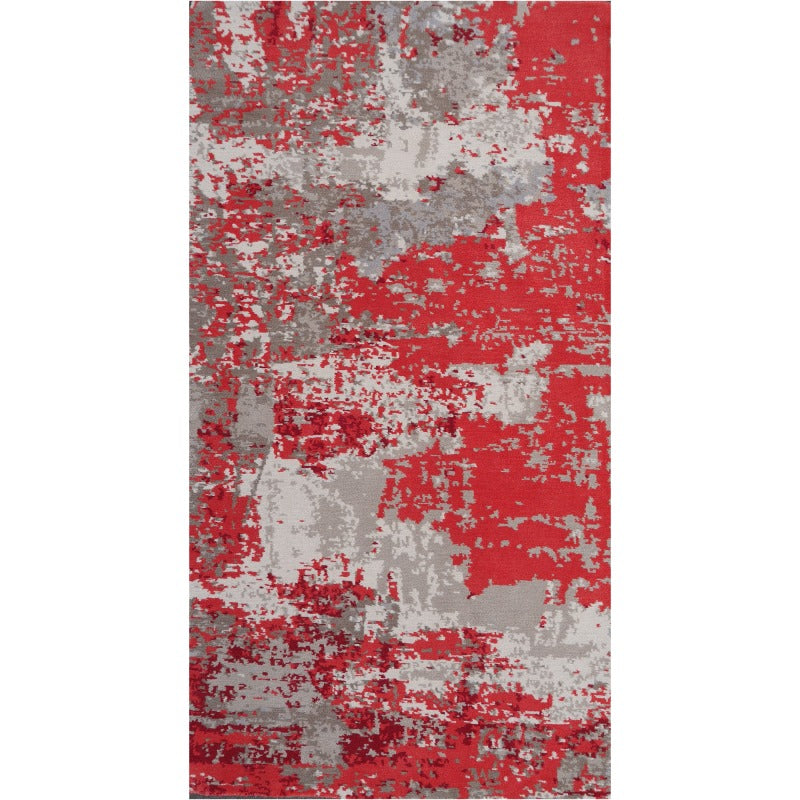 Exclusive hand-knotted abstract designer rug in wool and silk, 140 × 75 cm, red and grey art design | Djoharian 16069
