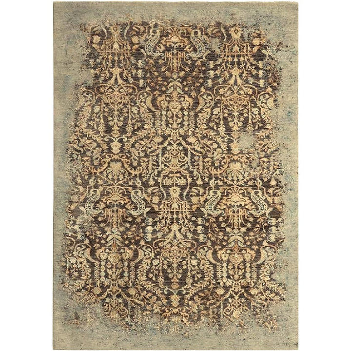 Erased vintage designer rug in merino wool and Matka silk, hand-knotted in India, 244 × 174 cm, faded damask in amber, gold and blue | Djoharian 16218