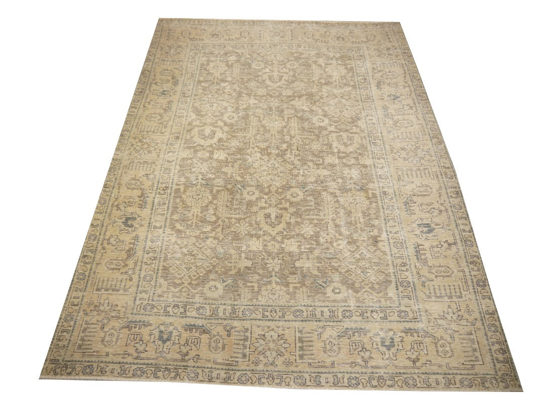 6.6 x 9.2 ft Classic Vintage Persian Rug Muted Beige, Green & Slate hand knotted