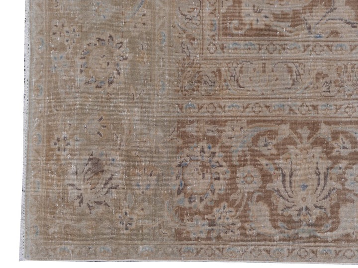 ANTIQUE VINTAGE PERSIAN RUG - MUTED BOWN & BLUE HAND KNOTTED CARPET 13.1 x 9 ft