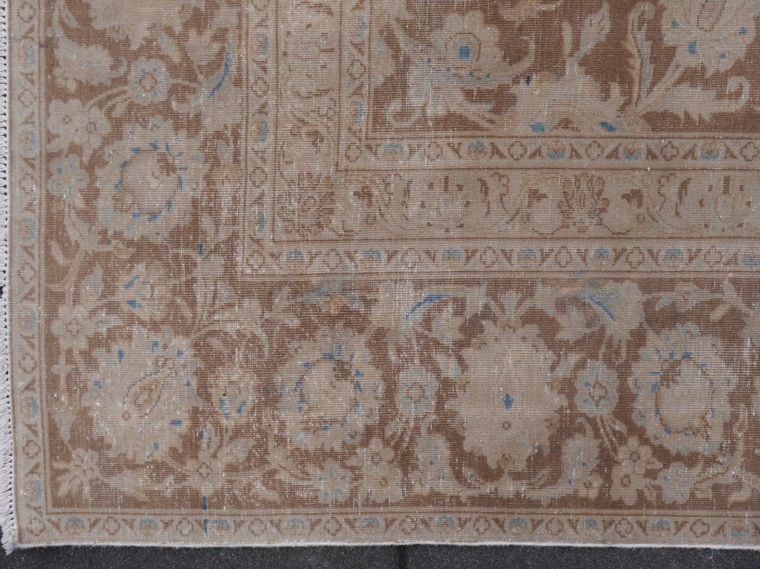 ANTIQUE VINTAGE PERSIAN RUG - MUTED BOWN & BLUE HAND KNOTTED CARPET 13.1 x 9 ft