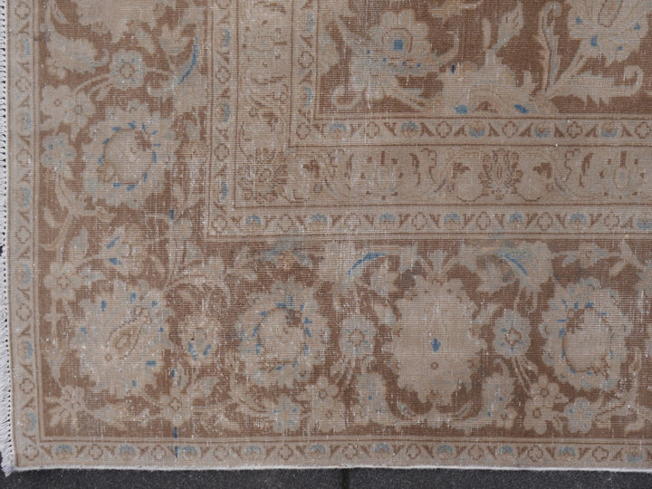 ANTIQUE VINTAGE PERSIAN RUG - MUTED BOWN & BLUE HAND KNOTTED CARPET 13.1 x 9 ft