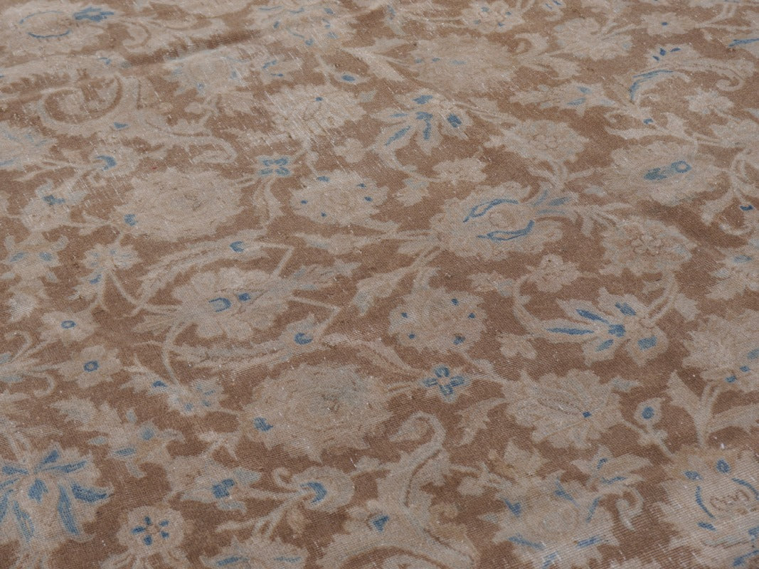 ANTIQUE VINTAGE PERSIAN RUG - MUTED BOWN & BLUE HAND KNOTTED CARPET 13.1 x 9 ft