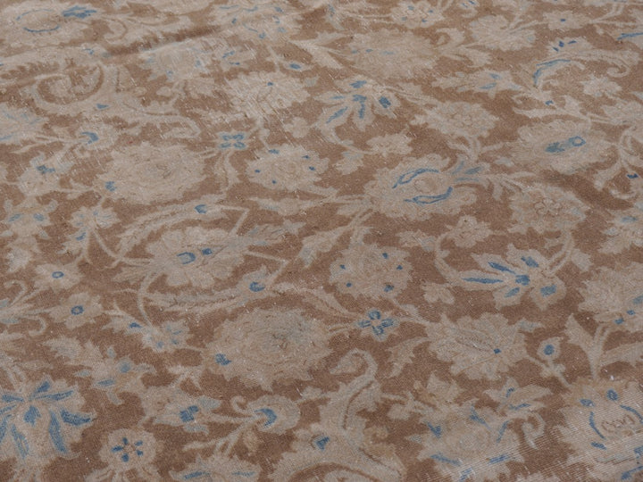 ANTIQUE VINTAGE PERSIAN RUG - MUTED BOWN & BLUE HAND KNOTTED CARPET 13.1 x 9 ft