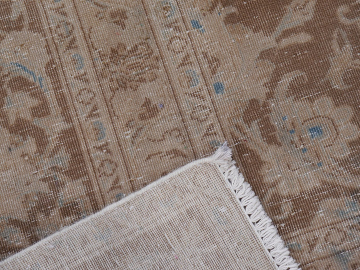 ANTIQUE VINTAGE PERSIAN RUG - MUTED BOWN & BLUE HAND KNOTTED CARPET 13.1 x 9 ft