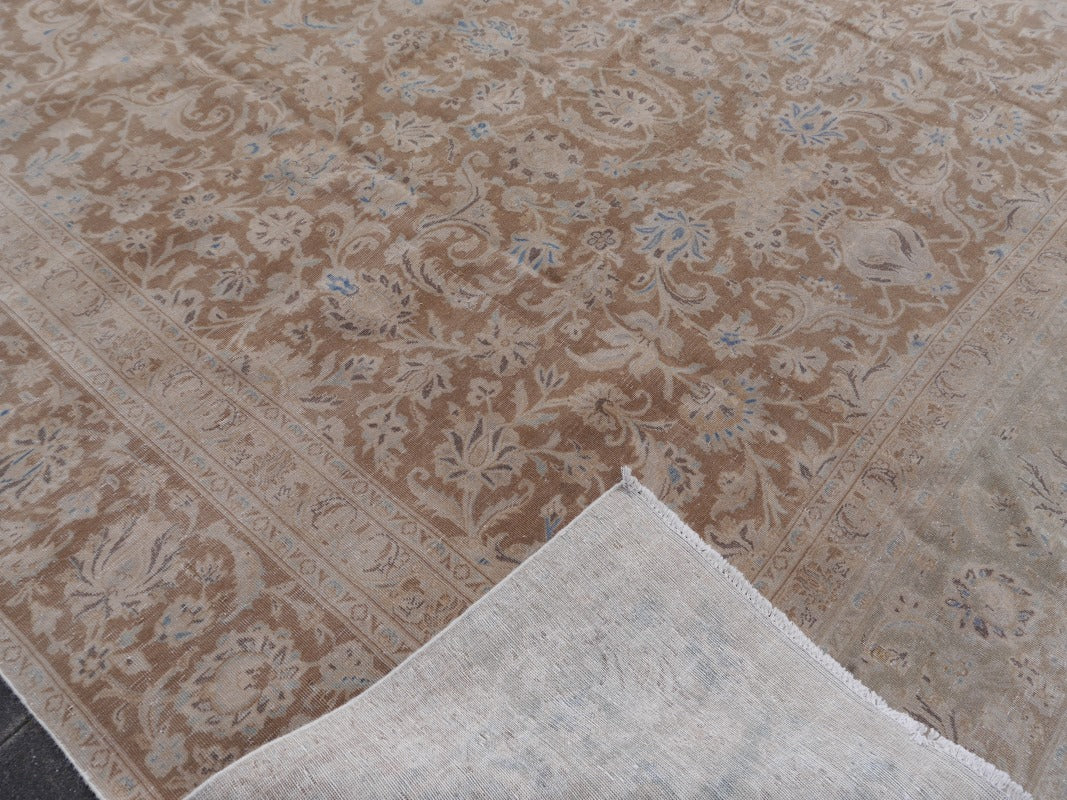 ANTIQUE VINTAGE PERSIAN RUG - MUTED BOWN & BLUE HAND KNOTTED CARPET 13.1 x 9 ft