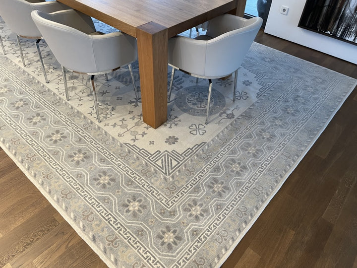 Khotan rug 18 x 9 ft wool silk white grey