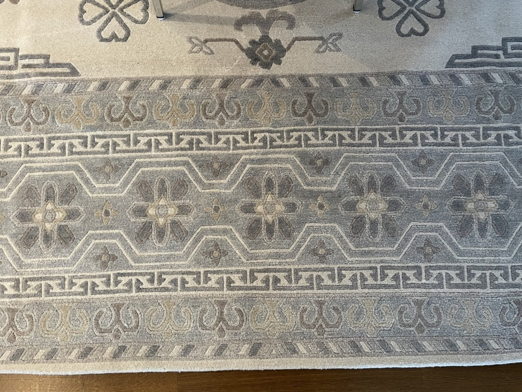 Khotan rug 18 x 9 ft wool silk white grey