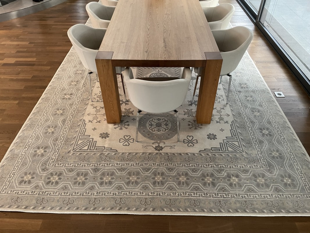Khotan rug 18 x 9 ft wool silk white grey