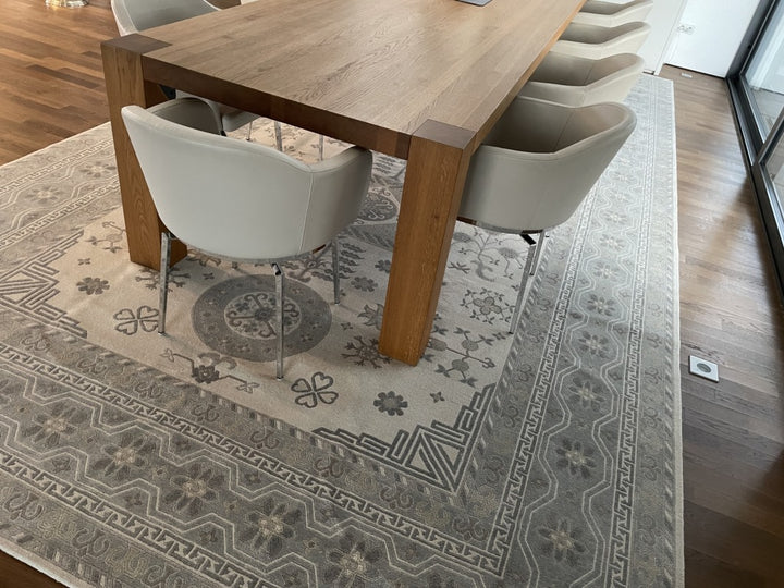 Khotan rug 18 x 9 ft wool silk white grey