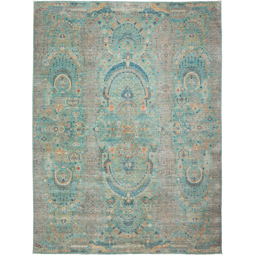 Karakul Rug 9 x 12 ft (269 x 366 cm) Aqua & Grey Hand-Knotted Afghan Wool view 2, stock no. 469063