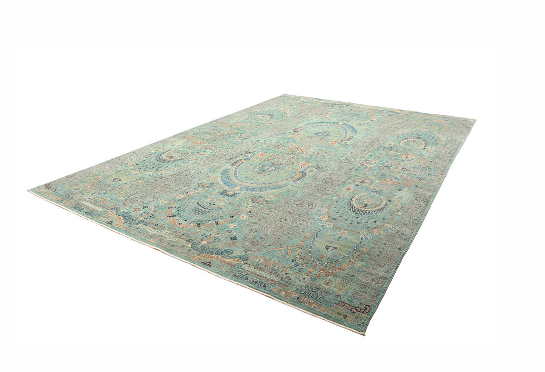 Karakul Rug 9 x 12 ft (269 x 366 cm) Aqua & Grey Hand-Knotted Afghan Wool view 3, stock no. 469063
