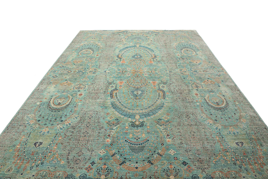 Karakul Rug 9 x 12 ft (269 x 366 cm) Aqua & Grey Hand-Knotted Afghan Wool view 5, stock no. 469063