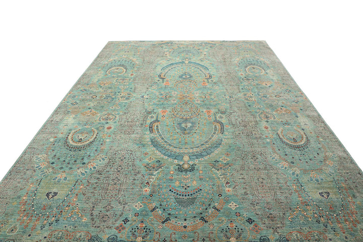 Karakul Rug 9 x 12 ft (269 x 366 cm) Aqua & Grey Hand-Knotted Afghan Wool view 5, stock no. 469063