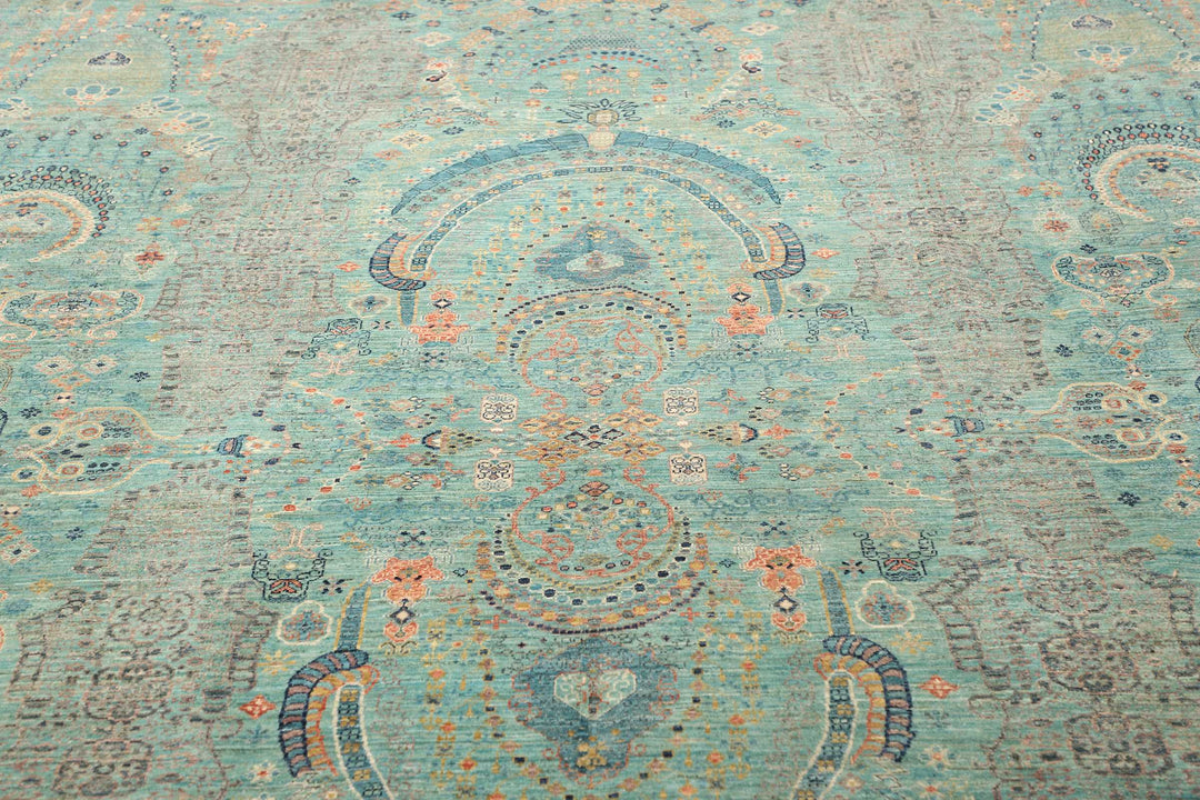 Karakul Rug 9 x 12 ft (269 x 366 cm) Aqua & Grey Hand-Knotted Afghan Wool view 7, stock no. 469063