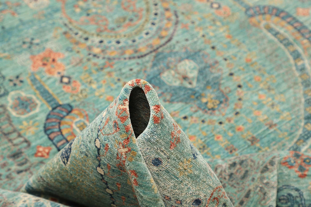Karakul Rug 9 x 12 ft (269 x 366 cm) Aqua & Grey Hand-Knotted Afghan Wool view 6, stock no. 469063