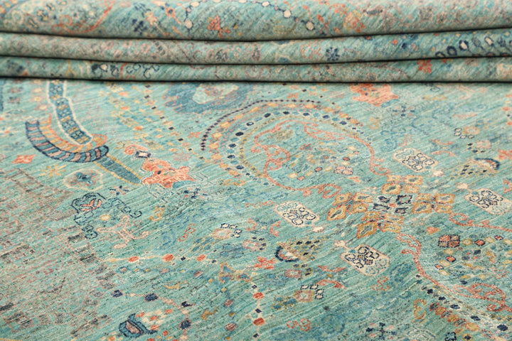 Karakul Rug 9 x 12 ft (269 x 366 cm) Aqua & Grey Hand-Knotted Afghan Wool view 8, stock no. 469063