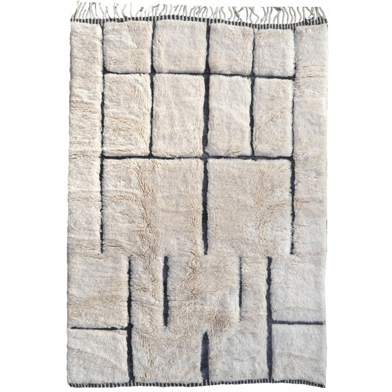 Hand-knotted Moroccan Beni Ourain Mrirt rug with charcoal graphic motifs on wool white field, 5.0 x 3.3 ft, Label STEP certified.