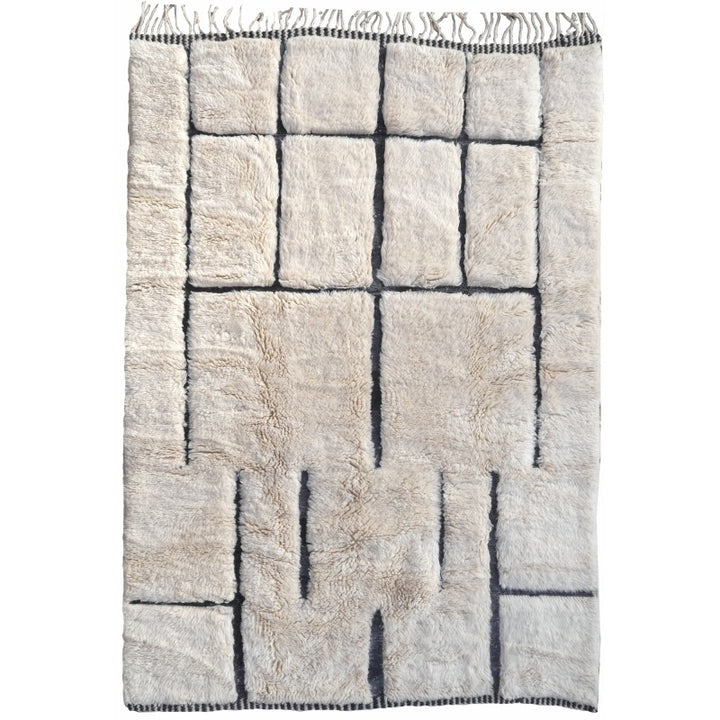 Hand-knotted Moroccan Beni Ourain Mrirt rug with charcoal graphic motifs on wool white field, 5.0 x 3.3 ft, Label STEP certified.