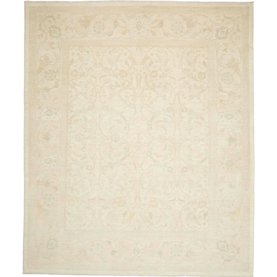 Fine Oushak design rug 245 x 296 cm, ivory and cream with sand and sage vines, hand-knotted in Afghanistan – 451712