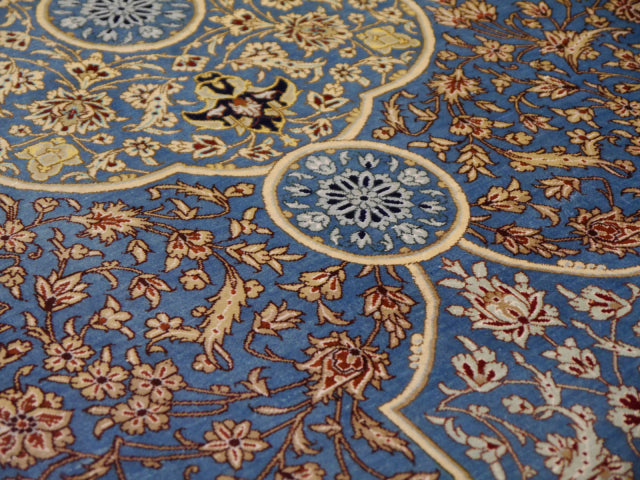 Qum silk rug detail — pile and weave, Djoharian #12233