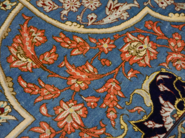 Qum silk rug detail — signature cartouche, Djoharian #12233